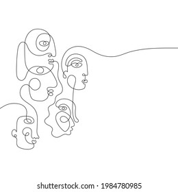 Group of people in a row looking in same direction. One line drawing abstract face. Modern single line art man and woman portrait. Ink painting, minimal  style. Vector