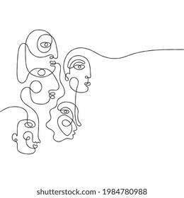Group of people in a row looking in same direction. One line drawing abstract face. Modern single line art man and woman portrait. Ink painting, minimal  style. Vector