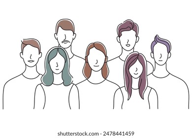 Group of people in a row looking in same direction., doodle continuous line art vector illustration.
