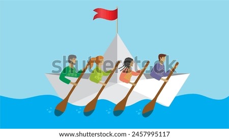 Group of people in rowing boat. Dimensio 16:9. Vector illustration.