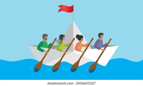 Group of people in rowing boat. Teamwork. Dimension 16:9. Vector illustration.