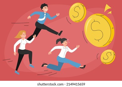 Group of people running after money vector illustration. Office characters in a rush for the dollar coins. Race between people, trying to catch more money.