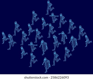 A group of people running in a blue background. The people are in different positions and sizes, but they all have the same goal of running. Concept of movement and energy. Isometric view