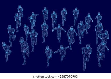 A group of people are running in a blue background. The people are all dressed in business attire