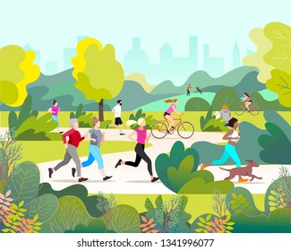 Group of People Running in City Public Park.Vector illustration.