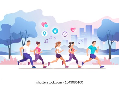 Group people running in the city public park. Healthy lifestyle. Training to marathon, jogging. Trendy style vector illustration.