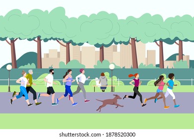 Group people running in the city public park. Healthy lifestyle. Training to marathon, jogging. Vector illustration.