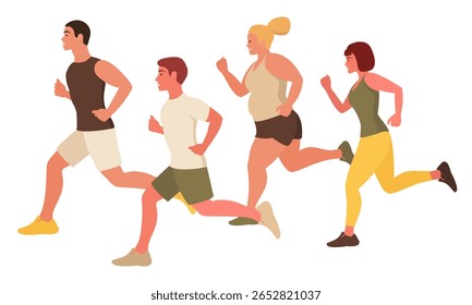 A group of people running down the street. Doing sports. Flat style.