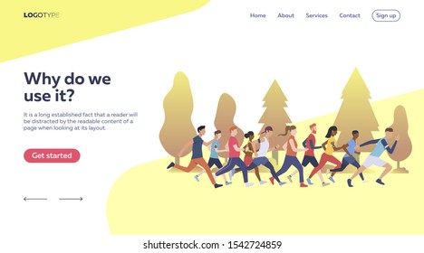Group of people running. Jogging, forest, health. Sport concept. Vector illustration for webpage, presentation, poster