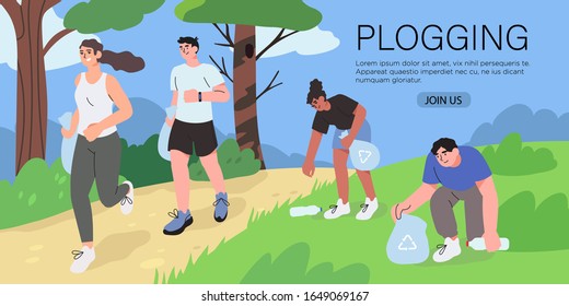 Group of people running or jogging outdoor and pick up litter. Plogging movement or marathon, plastic free awareness and national clean up day concept. Volunteers pick trash and keep outdoors clean.