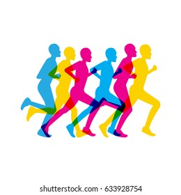 group of people running a marathon colored in a flat style on a white isolated background
