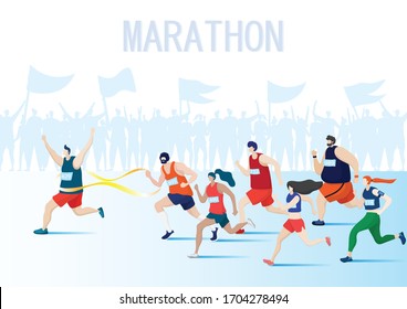 a group of people are running marathon, a man reach finish line and other runner follow him.
with crowd celebrate with winner. marathon event, running for health and fun. vector illustration
