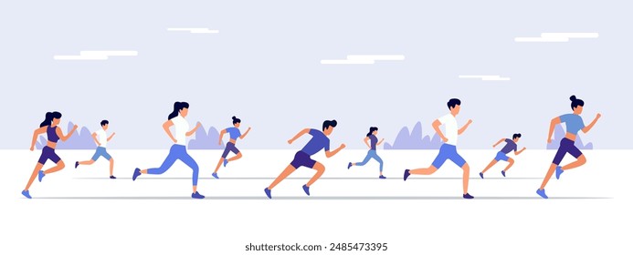 Group of people running a marathon. Marathon runners competing for victory in running. Healthy lifestyle concept. Vector illustration EPS 10