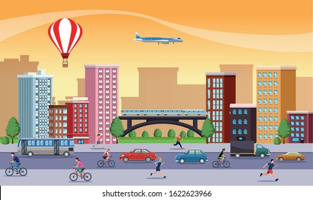 group of people running on the city with traffic vector illustration design