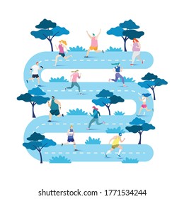 group of people running in park, exercises for health fun freetime.
outdoor activity fitness.Healthy lifestyle. running on pathway in park vector illustration.