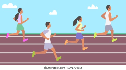 Grupo de personas corriendo en el estadio. Ilustración vectorial, diseño plano.