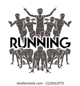 Group of people running with text running Marathon runners graphic vector  