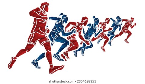 Group of People Running Together Man and Woman Runner Marathon Cartoon Sport Graphic Vector