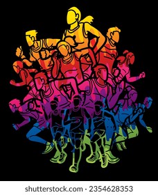 Group of People Running Together Man and Woman Runner Marathon Cartoon Sport Graphic Vector