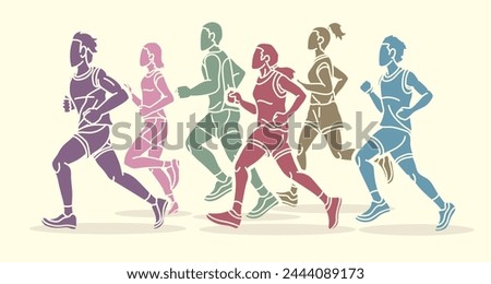 Group of People Running Together Man and Woman Runner Marathon Cartoon Sport Graphic Vector