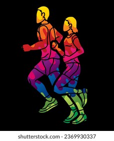 Grupo de personas que se reúnen en la maratón corredora macho y hembra corren acción caricaturista vector gráfico deportivo