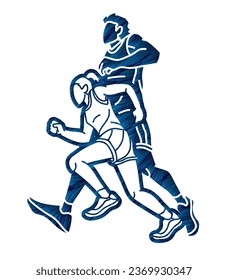 Grupo de personas que se reúnen en la maratón corredora macho y hembra corren acción caricaturista vector gráfico deportivo