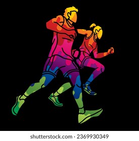 Group of People Running Together Runner Marathon Male and Female Run Action Cartoon Sport Graphic Vector