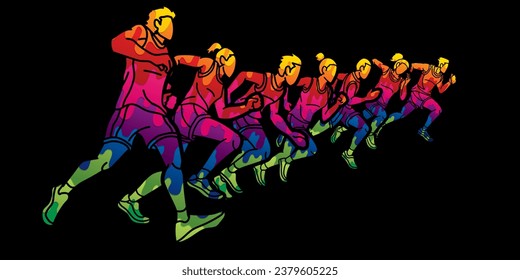 Group of People  Running Together Runner Marathon Male and Female Run Action Cartoon Sport Graphic Vector