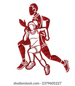 Grupo de personas que se reúnen en la maratón corredora macho y hembra corren acción caricaturista vector gráfico deportivo