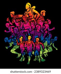 Group of People Running Together Runner Marathon Mix Male and Female Jogger Cartoon Sport Graphic Vector