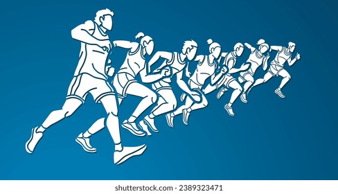 Group of People Running Together Runner Marathon Mix Male and Female Jogger Cartoon Sport Graphic Vector