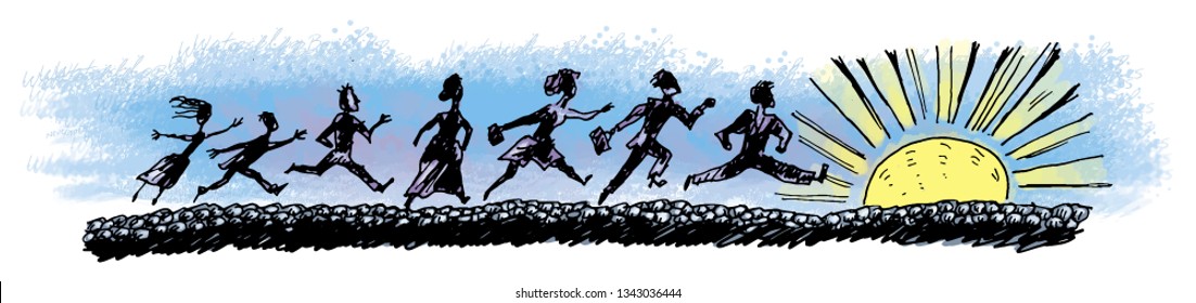 The group of people runs on a meeting of the sun. Retro vector lineart Hand drawn Cartoon Business illustration