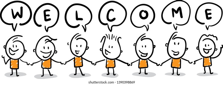 Group of people say welcome. isolated vector illustration outline hand drawn doodle line art cartoon design character.
