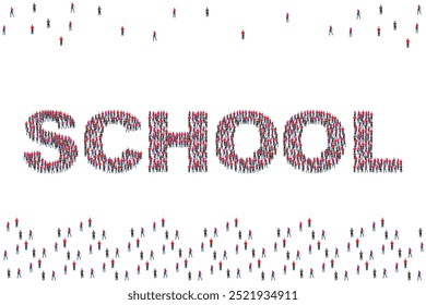 Group of people with school sign isolated on white background.