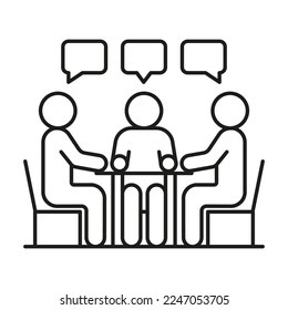 Group people seat at table, conversation, discussion, meeting icon line. Man communication on work in team, equality partnership. Vector illustration