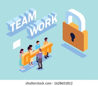 group of people with security padlock and key , teamwork vector illustration design