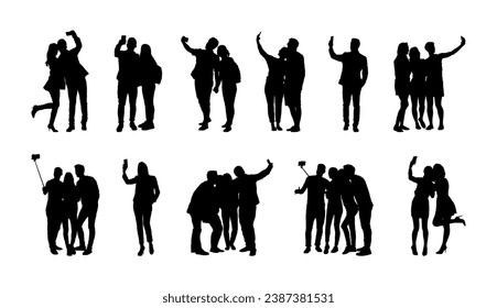 Group of people selfie different poses silhouette vector set on white background.	