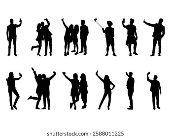 Group of People Selfie Silhouette isolated white background. Vector Illustration