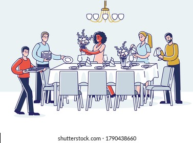 Group of people serving table for dinner. Cartoon men and women putting dishes, glasses and flowers on table. Celebration or family dinner event preparation. Linear vector illustration