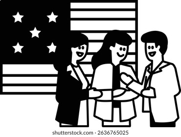 A group of people are shaking hands in front of an American flag. Scene is one of unity and cooperation