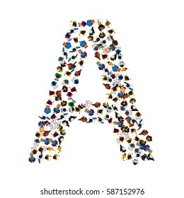 A group of people in the shape of English alphabet letter A on light background. Vector illustration.