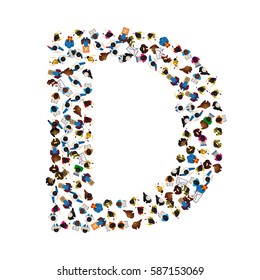 A group of people in the shape of English alphabet letter D on light background. Vector illustration.