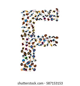 A group of people in the shape of English alphabet letter F on light background. Vector illustration.