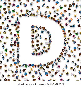 A group of people in the shape of English alphabet letter D on light background. Vector illustration.
