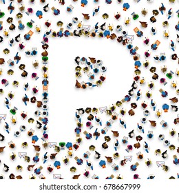 A group of people in the shape of English alphabet letter P on light background. Vector illustration.