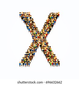 A group of people in the shape of English alphabet letter X on light background. Vector illustration.