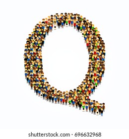 A group of people in the shape of English alphabet letter Q on light background. Vector illustration.