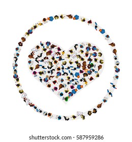 A group of people in a shape of heart icon in a circle on white background. Vector illustration