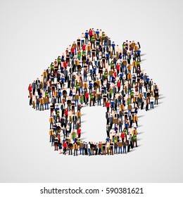 A Group Of People In A Shape Of  House Icon, Isolated On White Background. Vector Illustration