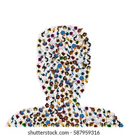Eine Gruppe von Menschen in Form eines menschlichen Kopfes, einzeln auf weißem Hintergrund. Vektorgrafik.